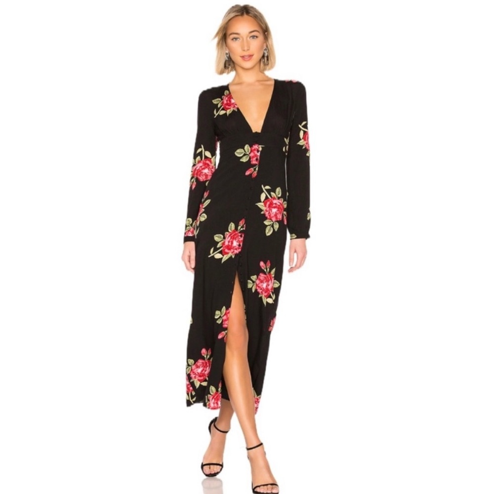 All Buttoned Up Floral Long Sleeve Maxi Black Dress